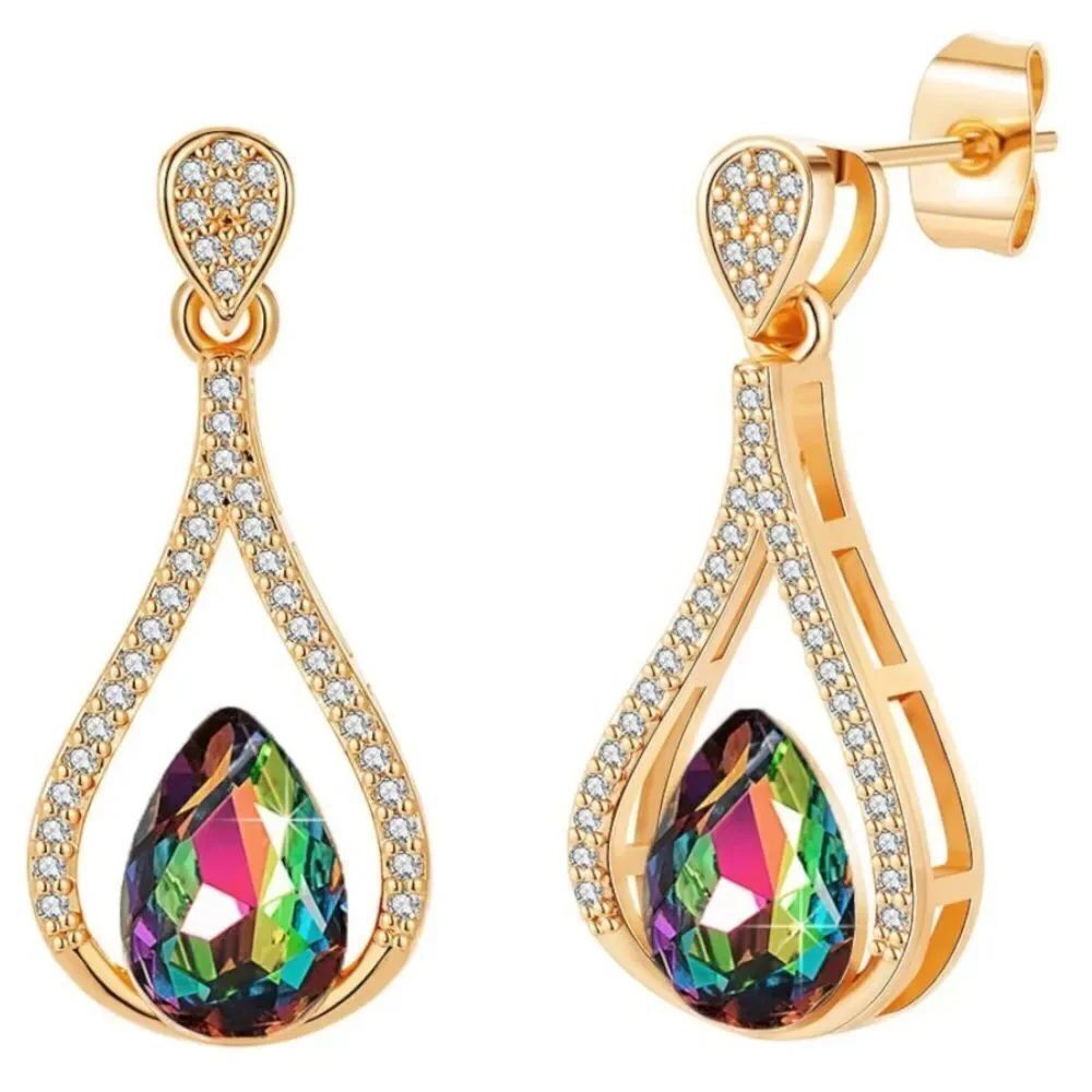 14K Yellow Gold with Vitrail Medium Austrian Crystal Halo Teardrop Post Earrings